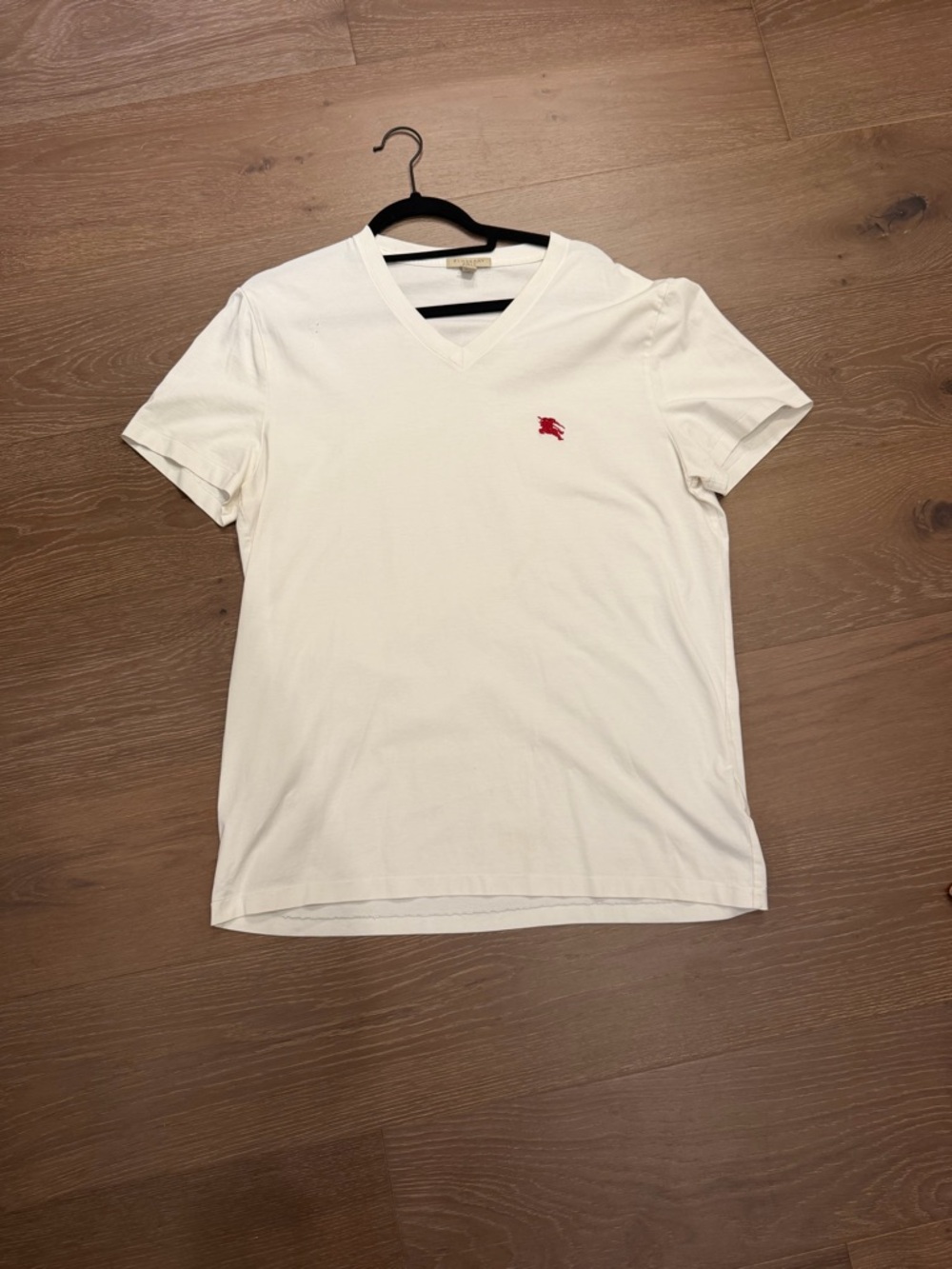 Men's White V-Neck Tee with Red Chest Logo